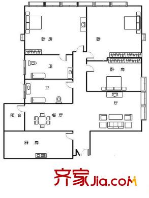 漾晴居户型图3室2厅户型图 3室2厅2卫1厨