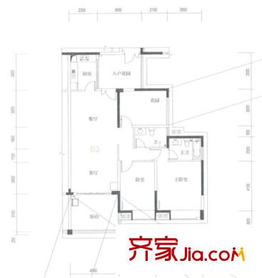 深业城9栋标准层03户型 2室2厅2卫1厨