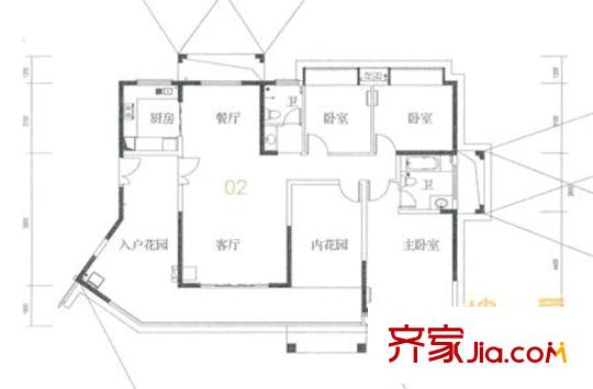 深业城9栋标准层02户型 3室2厅2卫1厨