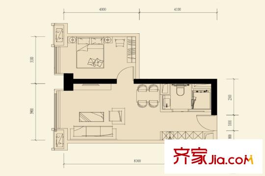 方圆・越秀时光C户型图 1室1厅1卫1厨