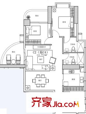 麓湖御景户型图C栋标准层02户型 3室2厅2卫1厨