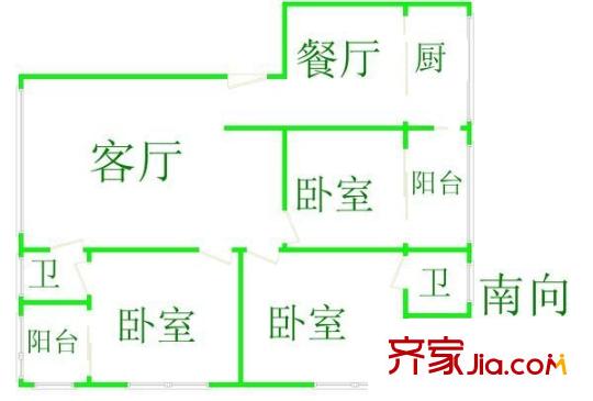 中山一路小区户型图3室2厅户型图 3室2厅2卫1厨