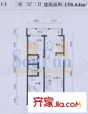 康達(dá)尚郡戶型圖C3戶型 2室2廳2衛(wèi)