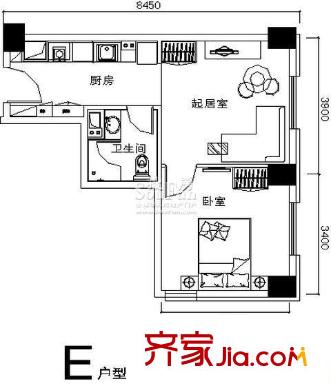 時(shí)代大廈戶型圖1號樓標(biāo)準(zhǔn)層e戶型 1室2廳1衛(wèi)