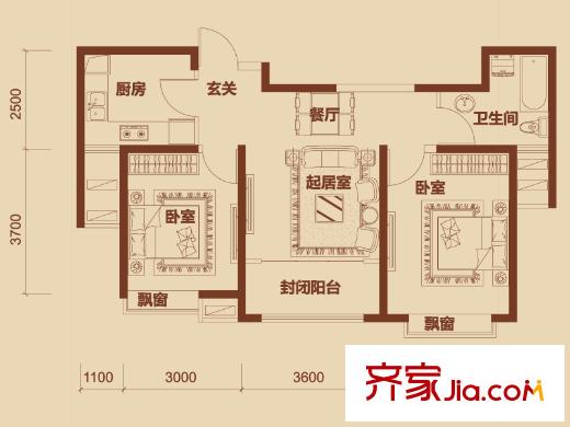 經(jīng)緯城市綠洲武清戶型圖一期高層6、16、17號樓標(biāo)準層D1戶型圖 2室2廳1衛(wèi)1廚