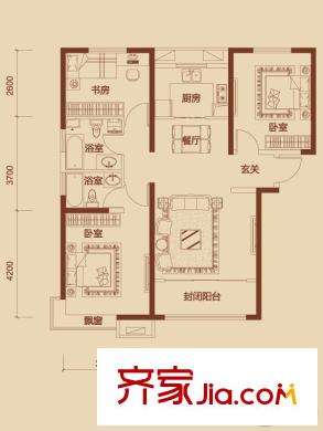 經(jīng)緯城市綠洲武清戶型圖一期高層7號樓標(biāo)準層C2戶型圖 3室2廳2衛(wèi)1廚
