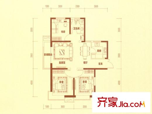 經(jīng)緯城市綠洲武清戶型圖一期高層14號樓標(biāo)準層F1戶型 3室2廳1衛(wèi)1廚