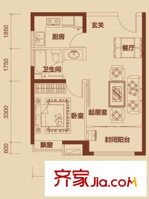 經(jīng)緯城市綠洲武清戶型圖一期高層6、7號樓標(biāo)準層D4戶型圖 1室2廳1衛(wèi)1廚