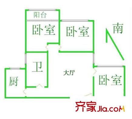 富力东堤湾户型图3室1厅户型图 3室1厅1卫1厨