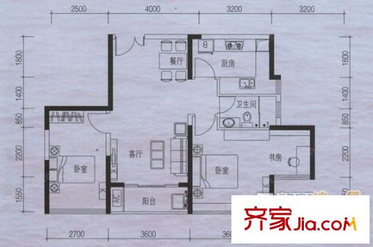 金地荔湖城户型图2室1厅户型图 2室1厅1卫1厨