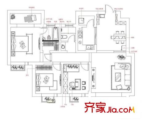 新世界花园户型图3室2厅户型图 3室2厅2卫1厨