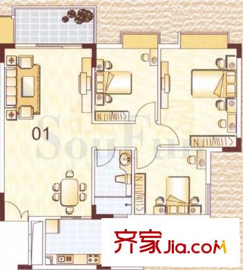 新世界花园户型图3室2厅户型图 3室2厅1卫1厨