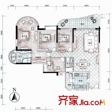 珠江帝景苑克莱国际公寓户型图5室2厅户型图 5室2厅2卫1厨