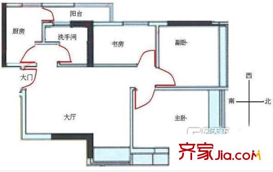 华景新城六期户型图3室1厅户型图 3室1厅1卫1厨