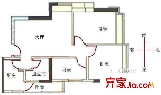 华景新城六期户型图3室1厅户型图 3室1厅1卫1厨