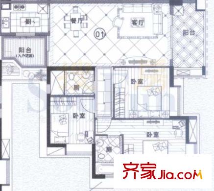 富力银禧花园户型图3室2厅户型图 3室2厅2卫1厨