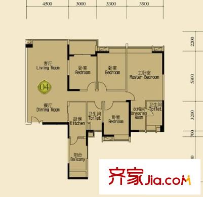 中海平方米晖华庭户型图4室2厅户型图 4室2厅2卫1厨