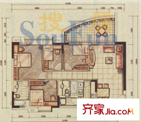 珠江俊园户型图4室2厅户型图 4室2厅2卫1厨