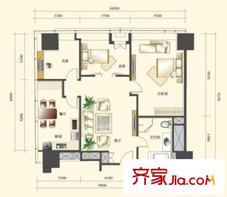 天津環(huán)球金融中心戶型圖津塔標(biāo)準(zhǔn)層C03戶型 3室2廳1衛(wèi)