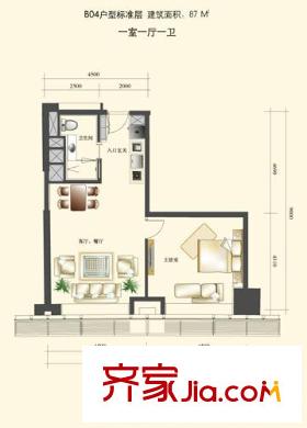 天津環(huán)球金融中心戶型圖津塔標(biāo)準(zhǔn)層b04戶型 1室1廳1衛(wèi)1廚