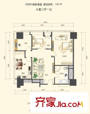 天津環(huán)球金融中心戶型圖津塔標(biāo)準(zhǔn)層c03戶型 3室2廳1衛(wèi)