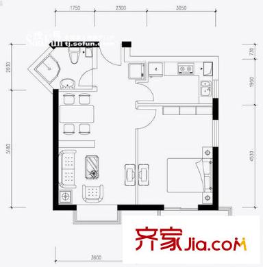 伊頓玫瑰公寓戶型圖D戶型 1室2廳1衛(wèi)