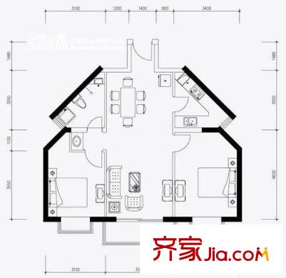 伊頓玫瑰公寓戶型圖E戶型 2室2廳1衛(wèi)