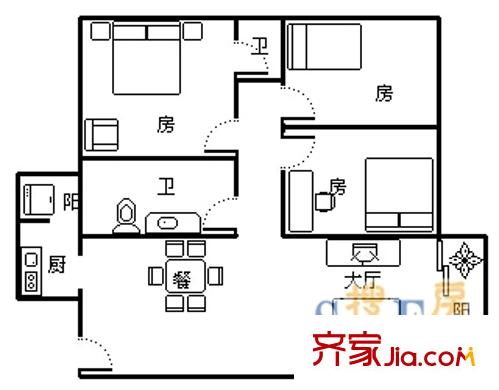 广州奥林匹克花园户型图3室2厅户型图 3室2厅2卫1厨