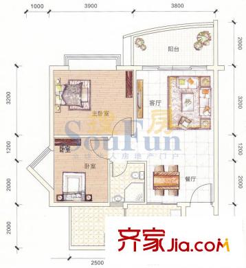 江源半岛花园B1、B2、B3栋3-17层04单位 2室2厅1卫1厨