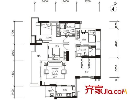 海伦堡流金岁月B户型 3室2厅2卫1厨