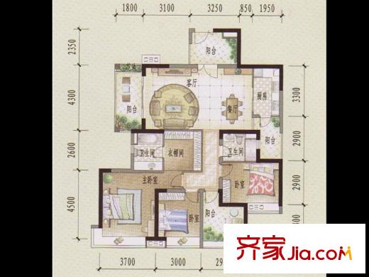诺德名都3座1梯-01户型 4室2厅2卫1厨