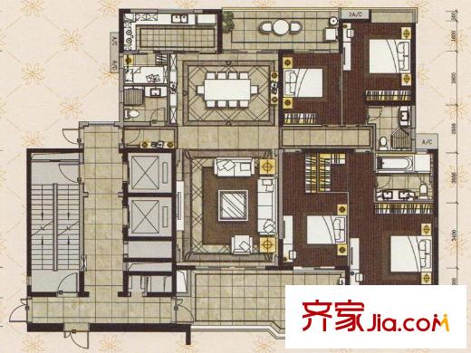 罗马家园龙禧E3、E6栋标准层03户型图 4室2厅3卫1厨