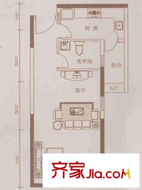 罗马家园拜庭ⅡA3栋04户型1房单位 1室1厅1卫1厨