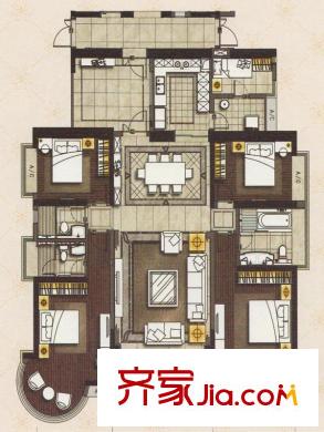 罗马家园龙禧E3、E6栋标准层01户型图 4室2厅3卫1厨