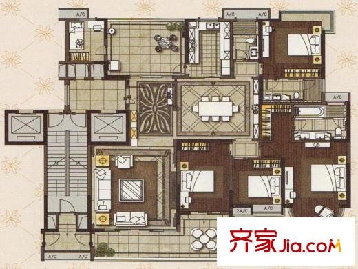 罗马家园龙禧E4、E5栋标准层01户型图 4室3厅3卫1厨