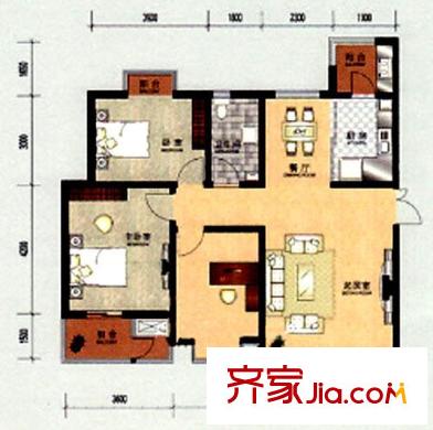 華夏津典戶(hù)型圖二期高層標(biāo)準(zhǔn)層C2戶(hù)型 3室2廳1衛(wèi)1廚