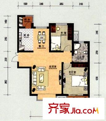 華夏津典戶型圖二期高層標(biāo)準(zhǔn)層B3戶型 2室2廳1衛(wèi)1廚