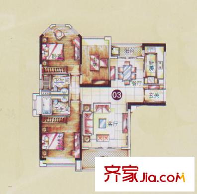 敏捷莱茵花园2座03单位 3室2厅2卫1厨