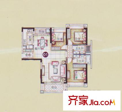 敏捷莱茵花园2座01单位 3室2厅2卫1厨