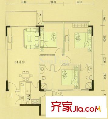 富雅都市华庭1期10栋204户型 3室2厅2卫1厨