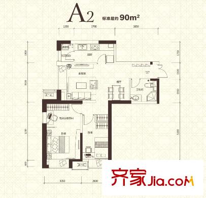 金融街南開中心戶型圖二期14、15號樓標(biāo)準(zhǔn)層A2戶型（售罄） 2室2廳1衛(wèi)1廚