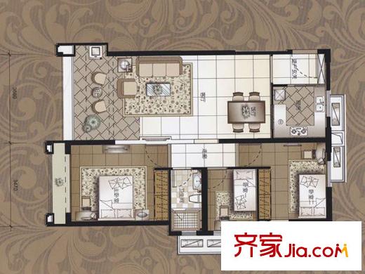 东湖洲花园19-22座01户型88平户型 3室2厅1卫1厨
