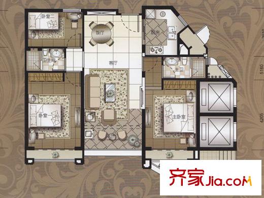 东湖洲花园19-22座03户型97平户型 3室2厅2卫1厨