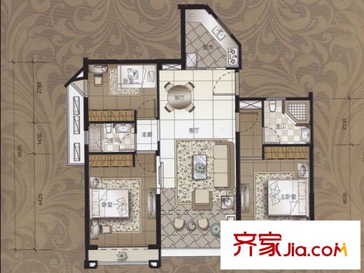 东湖洲花园19-22座02户型100平户型 2室2厅2卫1厨