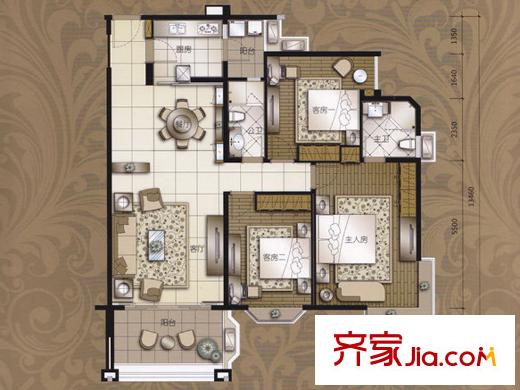 东湖洲花园17、23座01、02单位F户型(2―22层) 3室2厅2卫1厨