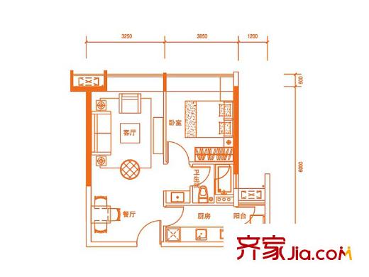 保利大都汇平层公寓B2户型 1室1厅1卫1厨