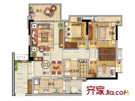 宝翠园M5栋2-13层03户型 3室2厅1卫1厨