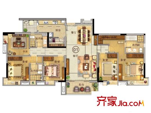 宝翠园M5栋2-13层01户型 5室2厅3卫1厨