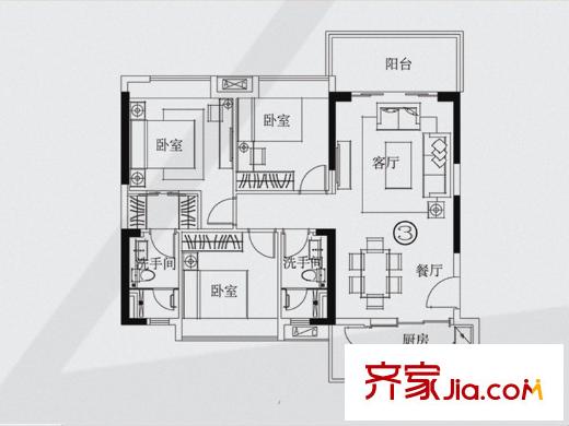 尚上名筑B1-03户型 3室2厅2卫1厨