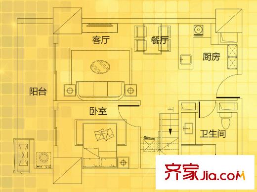 万科派C户型首层户型图 3室2厅2卫1厨